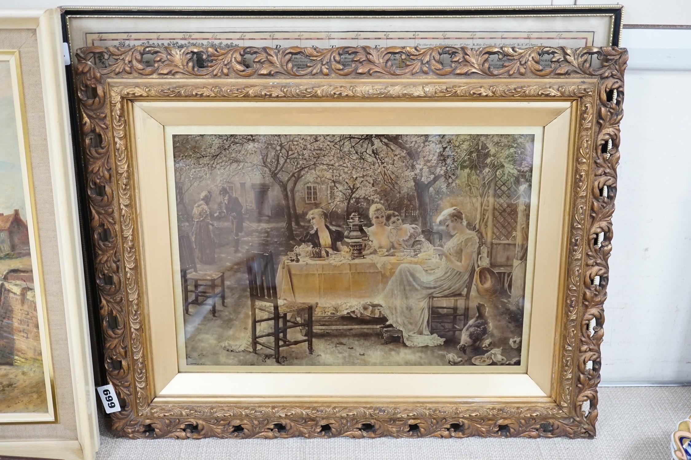 English School c.1900, two crystoleums, Tea in the garden and Lovers in woodland, 26 x 37cm